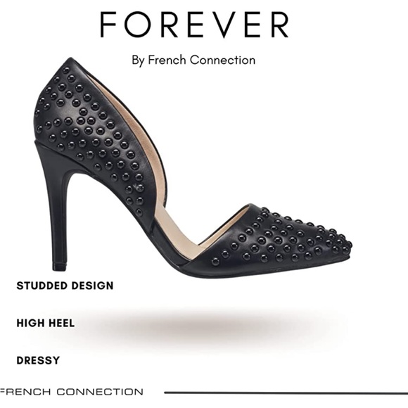 French Connection Black Vegan Leather Forever Studded Pointy Toe Pumps Heels - Picture 13 of 14
